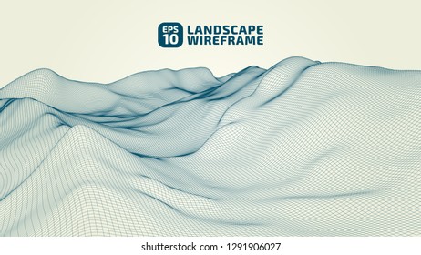 Abstract wireframe background. 3D grid technology illustration landscape. Digital Terrain Cyberspace in the Mountains with valleys. Data Array. | EPS10 Vector.