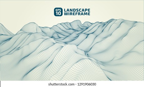 Abstract wireframe background. 3D grid technology illustration landscape. Digital Terrain Cyberspace in the Mountains with valleys. Data Array. | EPS10 Vector.