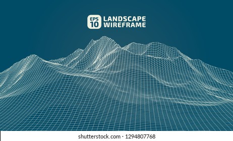Abstract wireframe background. 3D grid technology illustration landscape. Digital Terrain Cyberspace in the Mountains with valleys. Data Array. | EPS10 Vector.
