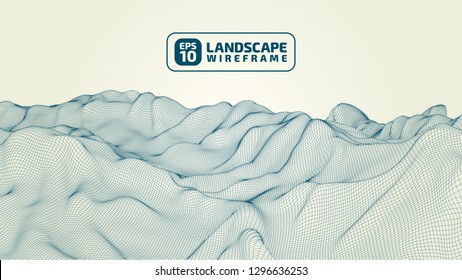 Abstract wireframe background. 3D grid technology illustration landscape. Digital Terrain Cyberspace in the Mountains with valleys. Data Array. | EPS10 Vector.