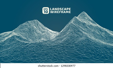 Abstract wireframe background. 3D grid technology illustration landscape. Digital Terrain Cyberspace in the Mountains with valleys. Data Array. | EPS10 Vector.
