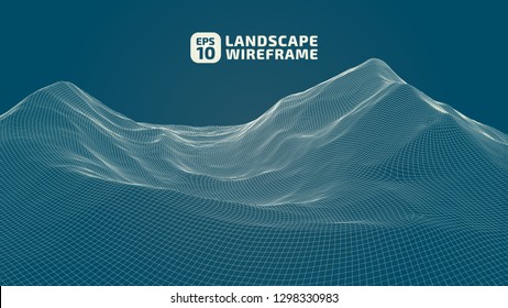 Abstract wireframe background. 3D grid technology illustration landscape. Digital Terrain Cyberspace in the Mountains with valleys. Data Array. | EPS10 Vector.