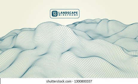 Abstract wireframe background. 3D grid technology illustration landscape. Digital Terrain Cyberspace in the Mountains with valleys. Data Array. | EPS10 Vector.
