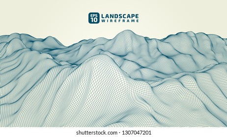 Abstract wireframe background. 3D grid technology illustration landscape. Digital Terrain Cyberspace in the Mountains with valleys. Data Array | EPS10 Vector.