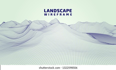 Abstract wireframe background. 3D grid technology illustration landscape. Digital Terrain Cyberspace in the Mountains with valleys. Data Array | EPS10 Vector.