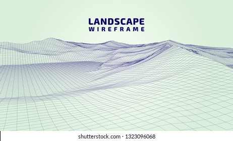 Abstract wireframe background. 3D grid technology illustration landscape. Digital Terrain Cyberspace in the Mountains with valleys. Data Array | EPS10 Vector.