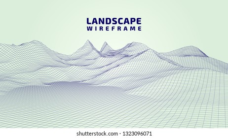 Abstract wireframe background. 3D grid technology illustration landscape. Digital Terrain Cyberspace in the Mountains with valleys. Data Array | EPS10 Vector.