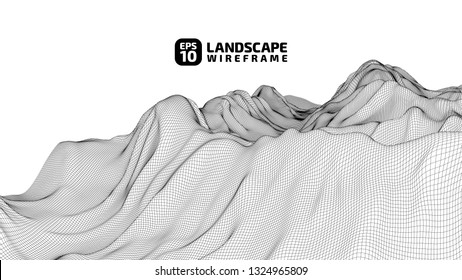 Abstract wireframe background. 3D grid technology illustration landscape. Digital Terrain Cyberspace in the Mountains with valleys. Data Array. | EPS10 Vector.