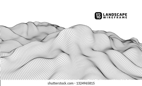 Abstract wireframe background. 3D grid technology illustration landscape. Digital Terrain Cyberspace in the Mountains with valleys. Data Array. | EPS10 Vector.