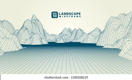 Abstract wireframe background. 3D grid technology illustration landscape. Digital Terrain Cyberspace in the Mountains with valleys. Data Array. | EPS10 Vector.