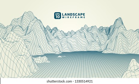 Abstract wireframe background. 3D grid technology illustration landscape. Digital Terrain Cyberspace in the Mountains with valleys. Data Array. | EPS10 Vector.