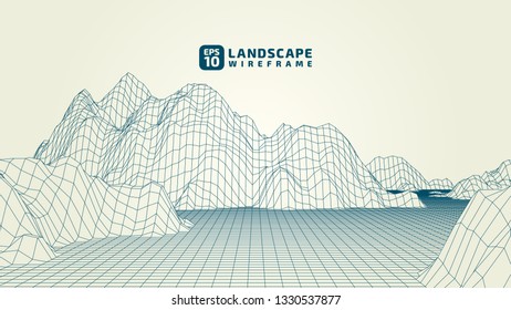 Abstract wireframe background. 3D grid technology illustration landscape. Digital Terrain Cyberspace in the Mountains with valleys. Data Array. | EPS10 Vector.