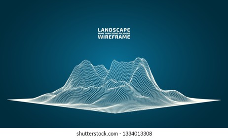 Abstract wireframe background. 3D grid technology illustration landscape. Digital Terrain Cyberspace in the Mountains with valleys. Data Array. | EPS10 Vector.