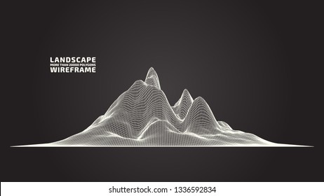 Abstract wireframe background. 3D grid technology illustration landscape. Digital Terrain Cyberspace in the Mountains with valleys. Data Array. | EPS10 Vector.