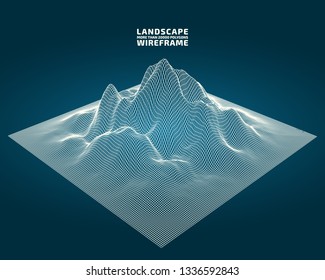 Abstract wireframe background. 3D grid technology illustration landscape. Digital Terrain Cyberspace in the Mountains with valleys. Data Array. | EPS10 Vector.