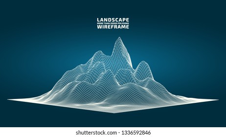 Abstract wireframe background. 3D grid technology illustration landscape. Digital Terrain Cyberspace in the Mountains with valleys. Data Array. | EPS10 Vector.