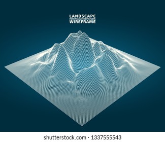 Abstract wireframe background. 3D grid technology illustration landscape. Digital Terrain Cyberspace in the Mountains with valleys. Data Array. | EPS10 Vector.