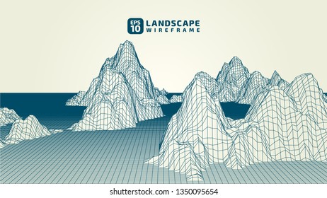 Abstract wireframe background. 3D grid technology illustration landscape. Digital Terrain Cyberspace in the Mountains with valleys. Data Array. | EPS10 Vector.