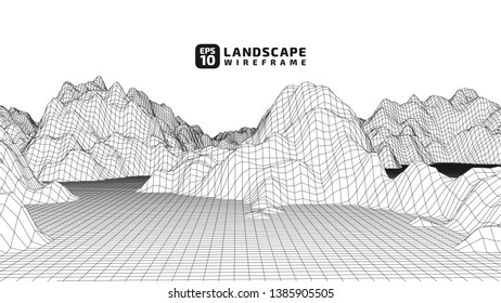 Abstract wireframe background. 3D grid technology illustration landscape. Digital Terrain Cyberspace in the Mountains with valleys. Data Array. | EPS10 Vector.