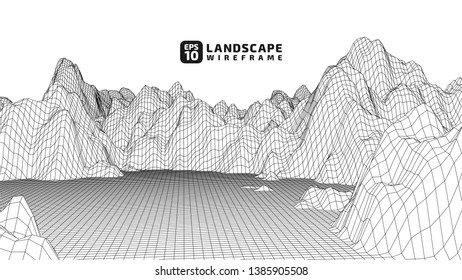 Abstract wireframe background. 3D grid technology illustration landscape. Digital Terrain Cyberspace in the Mountains with valleys. Data Array. | EPS10 Vector.
