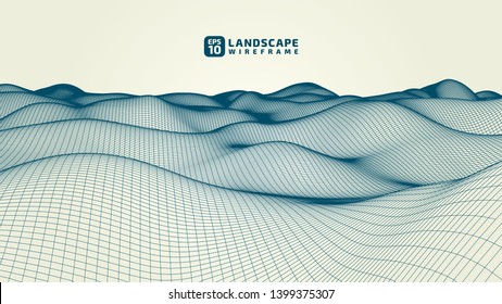 Abstract wireframe background. 3D grid technology illustration landscape. Digital Terrain Cyberspace in the Mountains with valleys. Data Array. | EPS10 Vector.