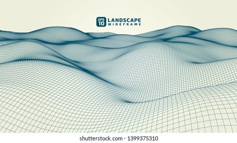 Abstract wireframe background. 3D grid technology illustration landscape. Digital Terrain Cyberspace in the Mountains with valleys. Data Array. | EPS10 Vector.