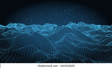 Abstract wireframe background. 3D grid technology illustration landscape. Digital Terrain Cyberspace in the Mountains with valleys. Data Array. | EPS10 Vector.
