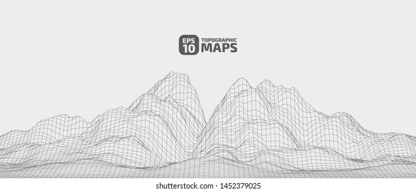 Abstract wireframe background. 3D grid technology illustration landscape. Digital Terrain Cyberspace in the Mountains with valleys. Data Array. | EPS10 Vector.