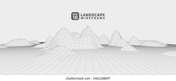 Abstract wireframe background. 3D grid technology illustration landscape. Digital Terrain Cyberspace in the Mountains with valleys. Data Array. Futuristic 3D cartography| EPS10 Vector.