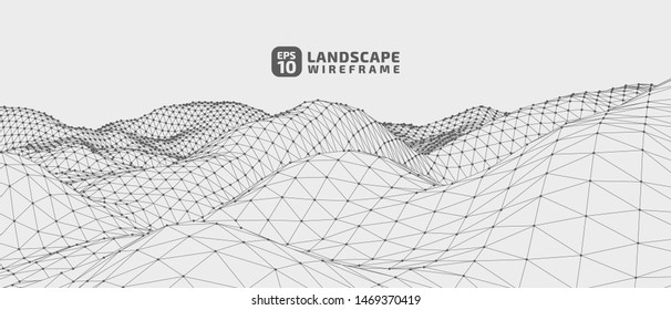 Abstract wireframe background. 3D grid technology illustration landscape. Digital Terrain Cyberspace in the Mountains with valleys. Data Array. | EPS10 Vector.