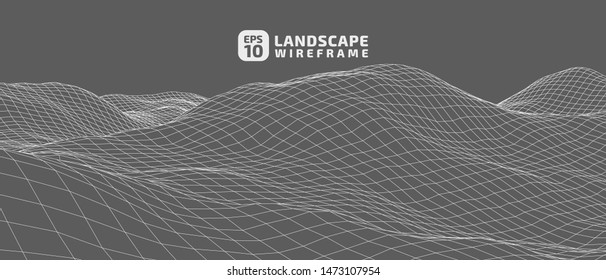 Abstract wireframe background. 3D grid technology illustration landscape. Digital Terrain Cyberspace in the Mountains with valleys. Data Array. | EPS10 Vector.