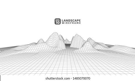 Abstract wireframe background. 3D grid technology illustration landscape. Digital Terrain Cyberspace in the Mountains with valleys. Data Array. | EPS10 Vector.