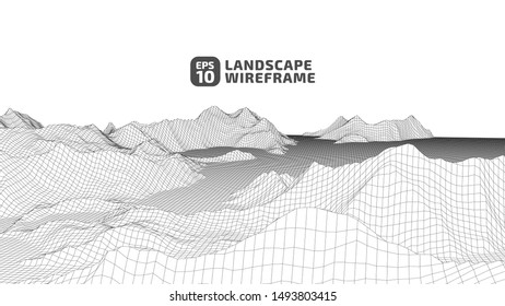 Abstract wireframe background. 3D grid technology illustration landscape. Digital Terrain Cyberspace in the Mountains with valleys. Data Array. | EPS10 Vector.