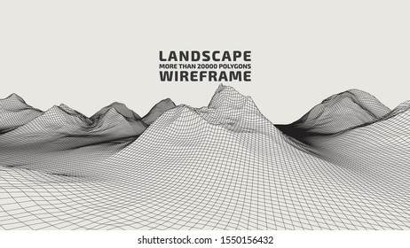Abstract wireframe background. 3D grid technology illustration landscape. Digital Terrain Cyberspace in the Mountains with valleys. Data Array. | EPS10 Vector.