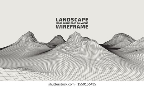 Abstract wireframe background. 3D grid technology illustration landscape. Digital Terrain Cyberspace in the Mountains with valleys. Data Array. | EPS10 Vector.