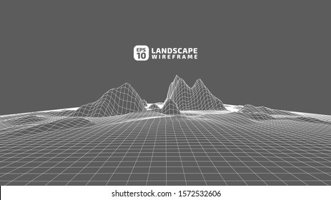 Abstract wireframe background. 3D grid technology illustration landscape. Digital Terrain Cyberspace in the Mountains with valleys. Data Array. Vector Illustration.