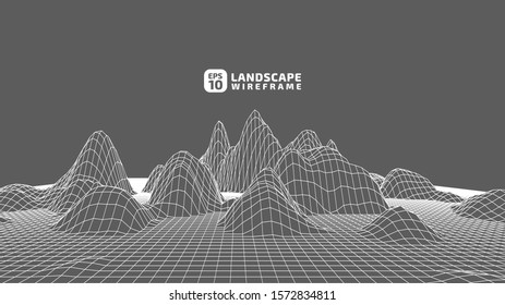 Abstract wireframe background. 3D grid technology illustration landscape. Digital Terrain Cyberspace in the Mountains with valleys. Data Array. Vector Illustration.