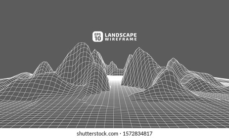 Abstract wireframe background. 3D grid technology illustration landscape. Digital Terrain Cyberspace in the Mountains with valleys. Data Array. Vector Illustration.