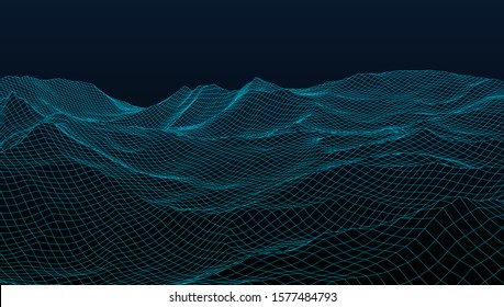 Abstract wireframe background. 3D grid technology illustration landscape. Digital Terrain Cyberspace in the Mountains with valleys. Data Array. Vector Illustration.