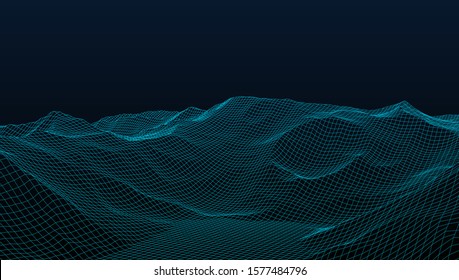 Abstract wireframe background. 3D grid technology illustration landscape. Digital Terrain Cyberspace in the Mountains with valleys. Data Array. Vector Illustration.