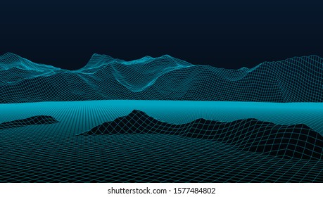 Abstract wireframe background. 3D grid technology illustration landscape. Digital Terrain Cyberspace in the Mountains with valleys. Data Array. Vector Illustration.