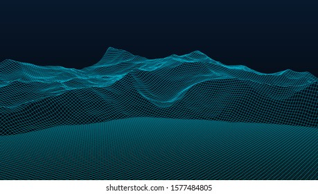 Abstract wireframe background. 3D grid technology illustration landscape. Digital Terrain Cyberspace in the Mountains with valleys. Data Array. Vector Illustration.
