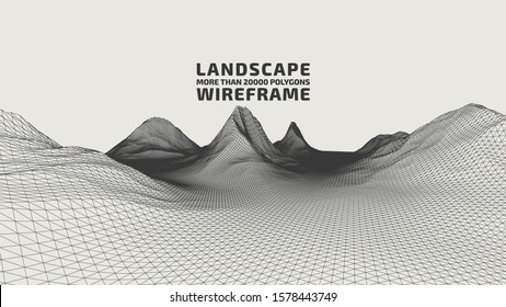 Abstract wireframe background. 3D grid technology illustration landscape. Digital Terrain Cyberspace in the Mountains with valleys. Data Array. Vector Illustration.