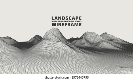 Abstract wireframe background. 3D grid technology illustration landscape. Digital Terrain Cyberspace in the Mountains with valleys. Data Array. Vector Illustration.