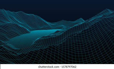 Abstract wireframe background. 3D grid technology illustration landscape. Digital Terrain Cyberspace in the Mountains with valleys. Data Array. Vector Illustration.