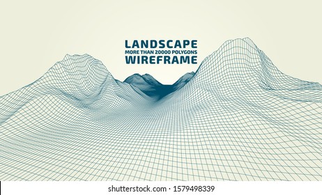 Abstract wireframe background. 3D grid technology illustration landscape. Digital Terrain Cyberspace in the Mountains with valleys. Data Array. Vector Illustration.