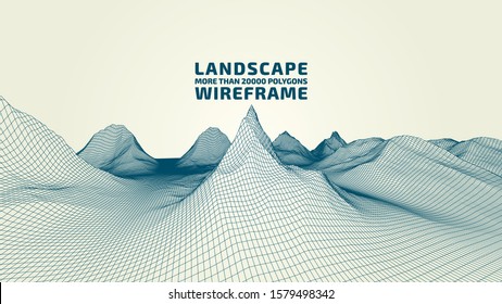 Abstract wireframe background. 3D grid technology illustration landscape. Digital Terrain Cyberspace in the Mountains with valleys. Data Array. Vector Illustration.