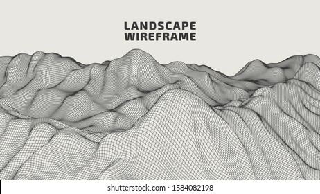 Abstract wireframe background. 3D grid technology illustration landscape. Digital Terrain Cyberspace in the Mountains with valleys. Data Array. Vector Illustration.
