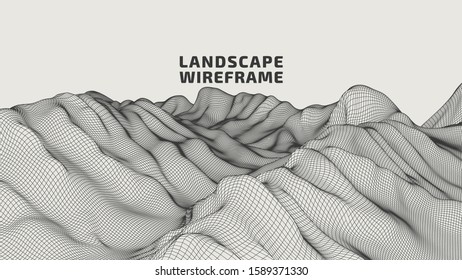 Abstract wireframe background. 3D grid technology illustration landscape. Digital Terrain Cyberspace in the Mountains with valleys. Data Array. Vector Illustration.