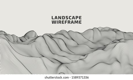 Abstract wireframe background. 3D grid technology illustration landscape. Digital Terrain Cyberspace in the Mountains with valleys. Data Array. Vector Illustration.